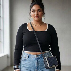 Sincerely Jules Black Long Sleeve Crop Top with White Trim